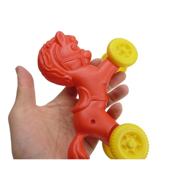 Vintage Red Plastic Toy Horse on Wheels – Retro Pull Toy Baby Room Decor 1960s - Picture 4 of 4